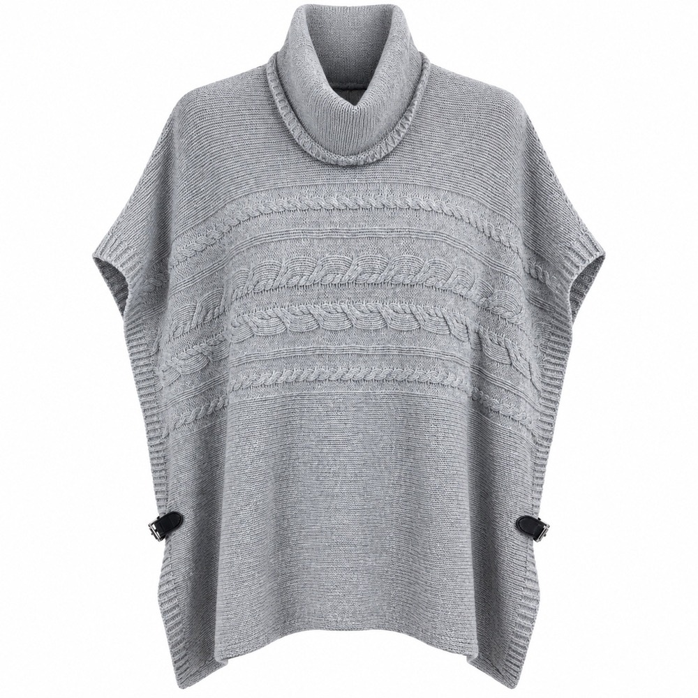 Tahari Womens Poncho S Lambswool Grey Cable Knit Cowl Neck Buckle Side Preppy